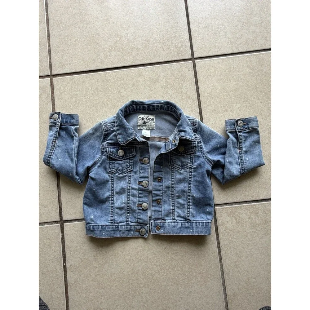 OshKosh B'gosh Denim Jacket Blue Polka Dot 3T Button Front Collared Pockets